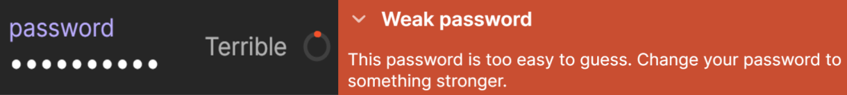 The image displays two different warning panes from 1password indicating that the password (1234) is terrible/weak and suggests choosing a stronger one.