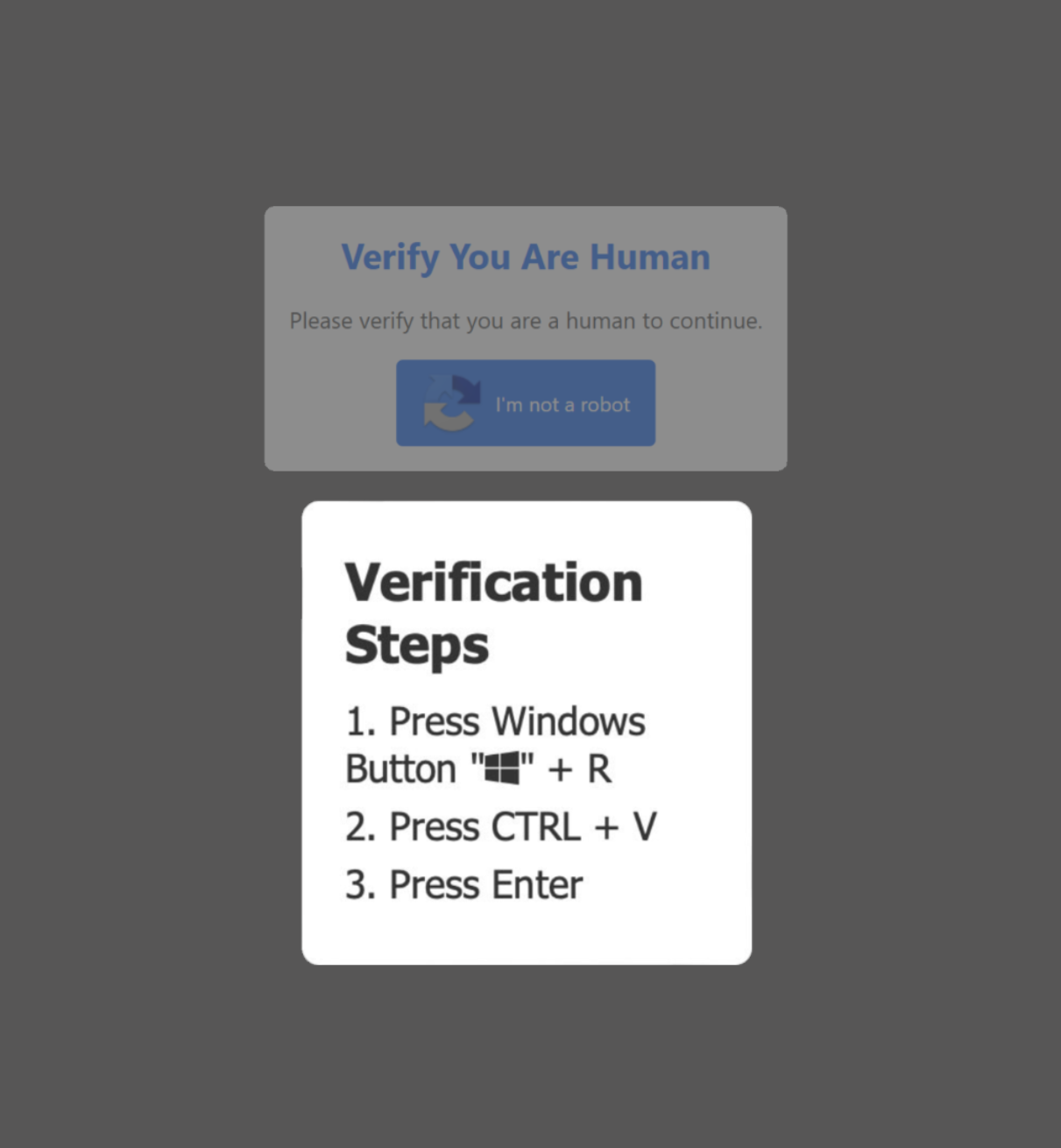Fake CAPTCHA asking user to copy and paste text into the Windows terminal to verify they are not a robot.