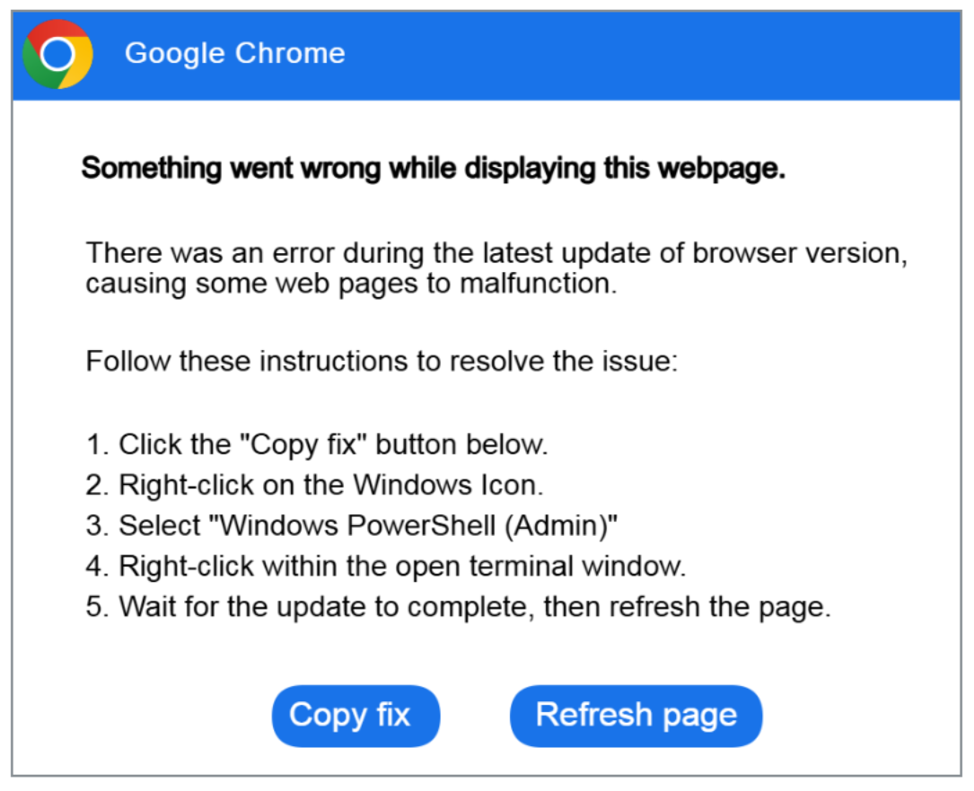 Fake error message in Chrome browser asking a user to copy and paste text into the Windows terminal to verify they are not a robot.