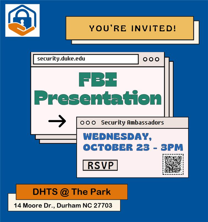 Blue poster inviting people to see the FBI present at Duke