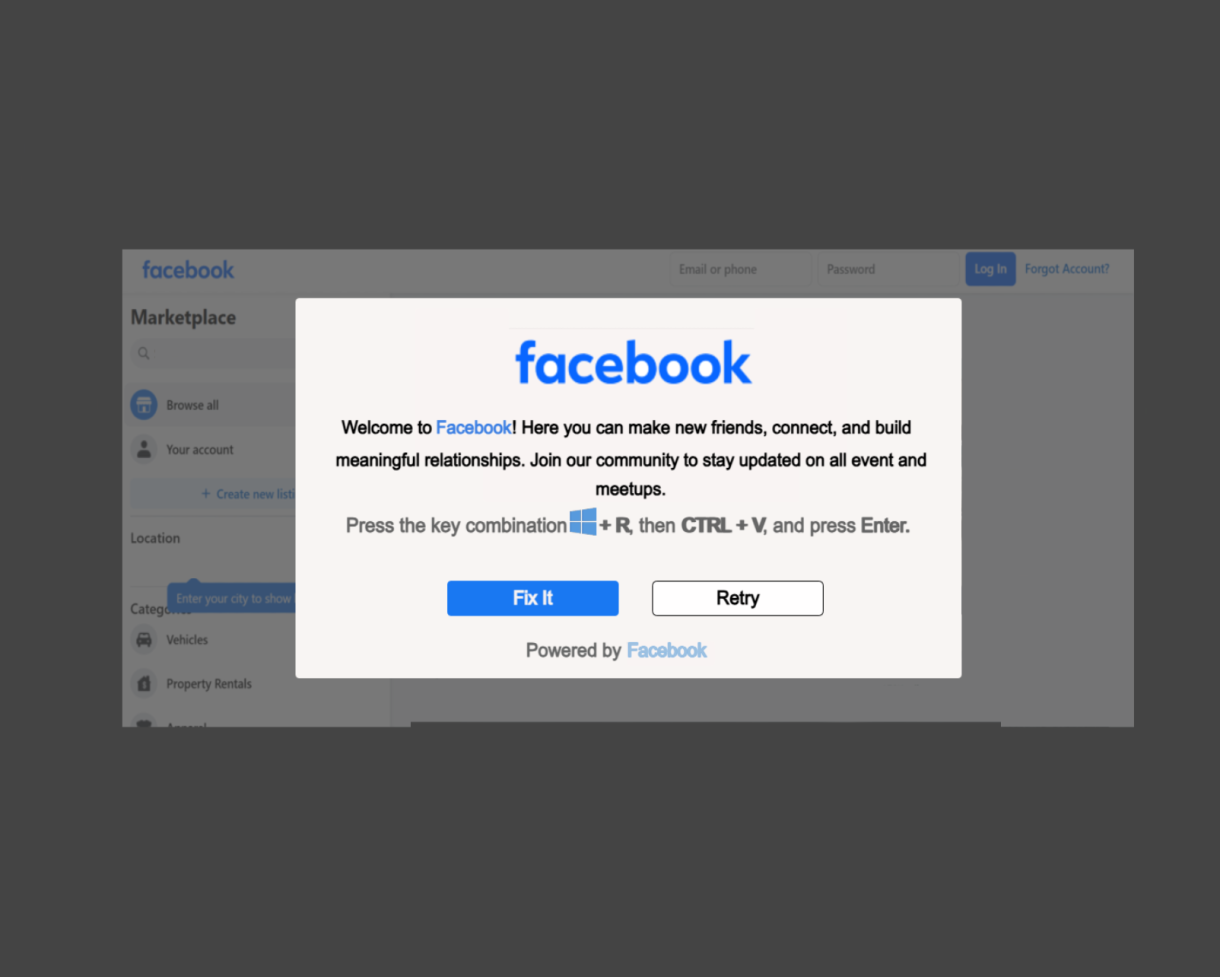 Fake Facebook error message asking user to copy and paste text into the Windows terminal to connect with people.
