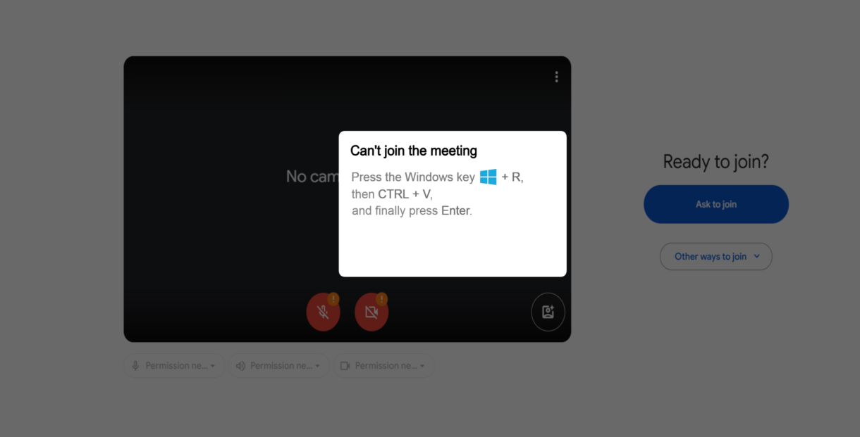 Fake error message using a fake Google Meet webpage that tricks a user into running code by copying and pasting into a terminal.