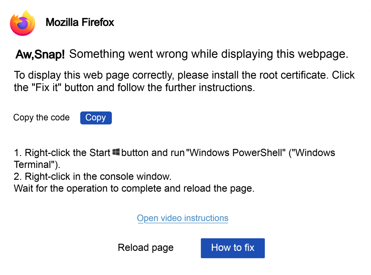 Fake error message in a Firefox browser asking the user to copy and paste text into the Windows terminal to verify they are not a robot.